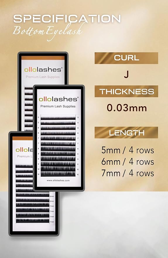 OLLOLASHES Bottom Lash Extension J Curl 0.15mm Mix5-7mm 5mm 6mm 7mm Black Color Lower Lash Extensions, Professional Supplies for Lash Techs (Bottom-J-0.15, 5-7mm)