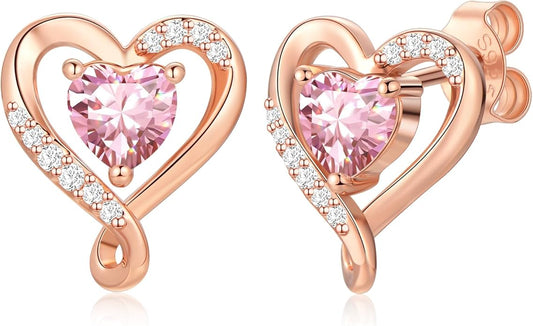Zifeel Earrings for Women, S925 Sterling Silver Rose Gold Birthstone Heart Studs Earring for Girlfriend Wife, Anniversary Birthday Christmas Valentines Mothers Day Gifts Jewelry for Women Wife Her Mom