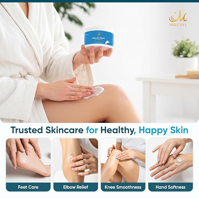 Miratiful Urea Cream 40% w 2% Salicylic Acid (4 oz) | Softens Cracked Heels & Dry Skin Urea Salicylic Acid Cream w/Tea Tree & Coconut Oil | Urea 40 Cream for Callus & Corn Treatment
