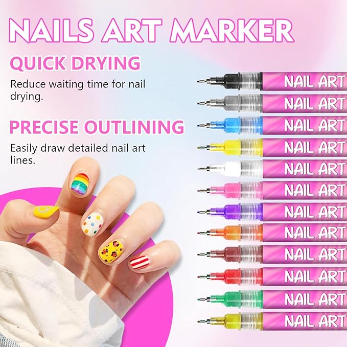 12 Colors Nail Art Pens Set,Fine Tip Nail Polish Pens Set,Quick-drying Waterproof for Nail Painting Pens,Manicure Kit Tools for Home Salon and DIY Nail Art Design(Pink)