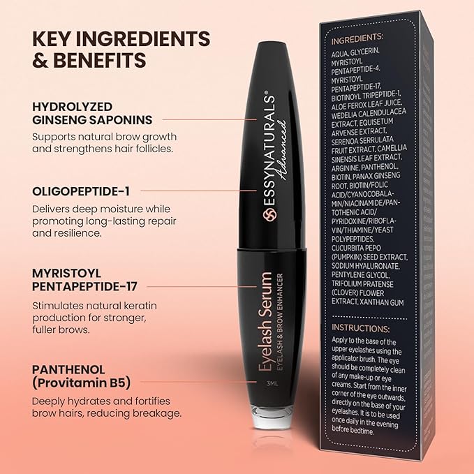 Essynaturals Premium Eyelash Growth Serum for Longer, Fuller, Thicker Lashes
