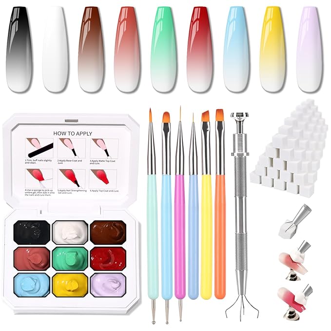 Karroy Christmas Gel Polish, 9 Colors Ombre Patting Gel Nail Polish Palette 100 Sponges 6 Brushes 1Grabber, Blending Color Gradient Painting Nails Art, No Wipe, UV/LED Cured (Set 03)