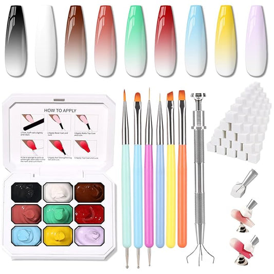 Karroy Christmas Gel Polish, 9 Colors Ombre Patting Gel Nail Polish Palette 100 Sponges 6 Brushes 1Grabber, Blending Color Gradient Painting Nails Art, No Wipe, UV/LED Cured (Set 03)
