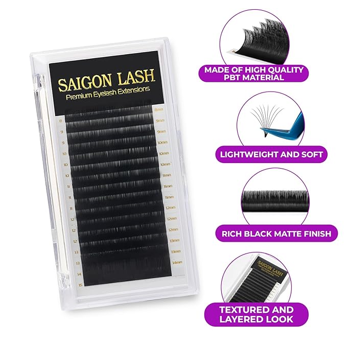 SAIGON LASH Camellia Eyelash Extensions, Layered Volume Lashes for Professionals, B/C/CC/D/DD Curl, 8-15mm Mixed Length, 0.07 Thickness, Soft Korean PBT Fiber, 16 Rows Tray (B-0.07)