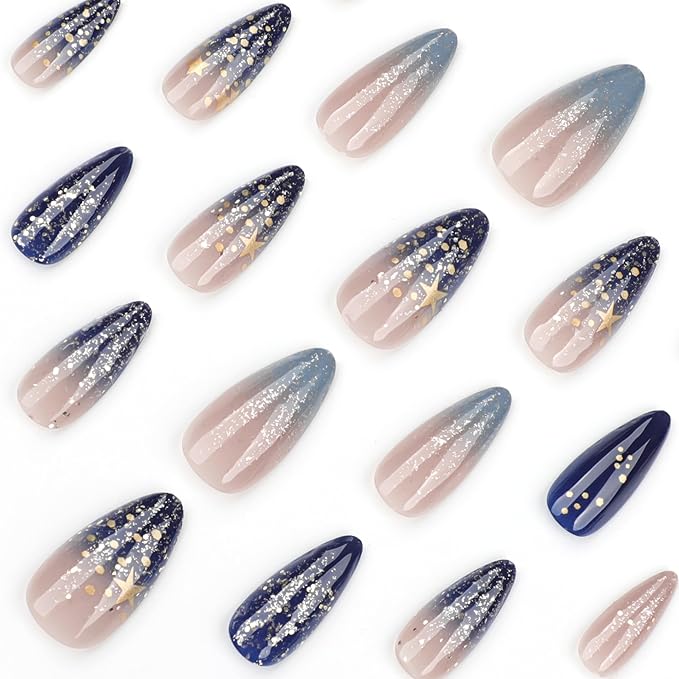 XZMeiLun Press On Nails Spring Acrylic Nails for Women - Starry sky Designer Fake Nails Medium Almond 24PCS, Glossy Soft Gel with Glue, Outdoor Picnic/Wedding/Party Reusable Stick On Nails Gift