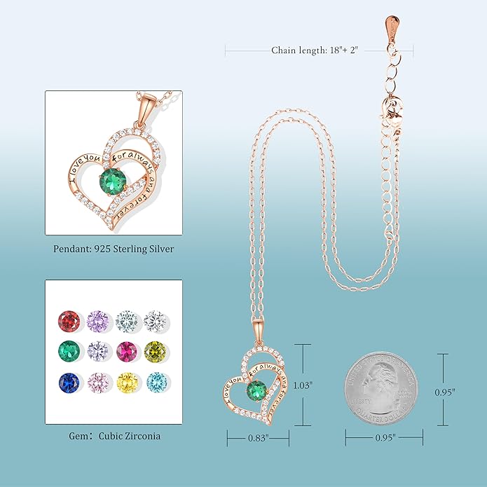 LynChoe Birthday Gifts Double Heart Birthstone Necklace for Women, S925 Sterling Silver Pendant Necklace Jewelry for Her Mother Mom Wife Girlfriend