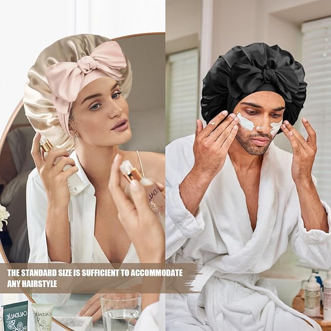Silk Bonnet for Sleeping Women, Adjustable Soft Satin Lined Bonnet with Tie Band, Double Layer Sleep Night Cap