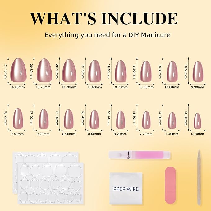 Leefrei Cat Eye Press On Nails - Glazed Pink Press On Nails Short Almond Nails Press Ons for Women Fake Nails with Glue, Glossy Reusable Glue on Nail in 16 Sizes - 32pcs, Blush Aurora