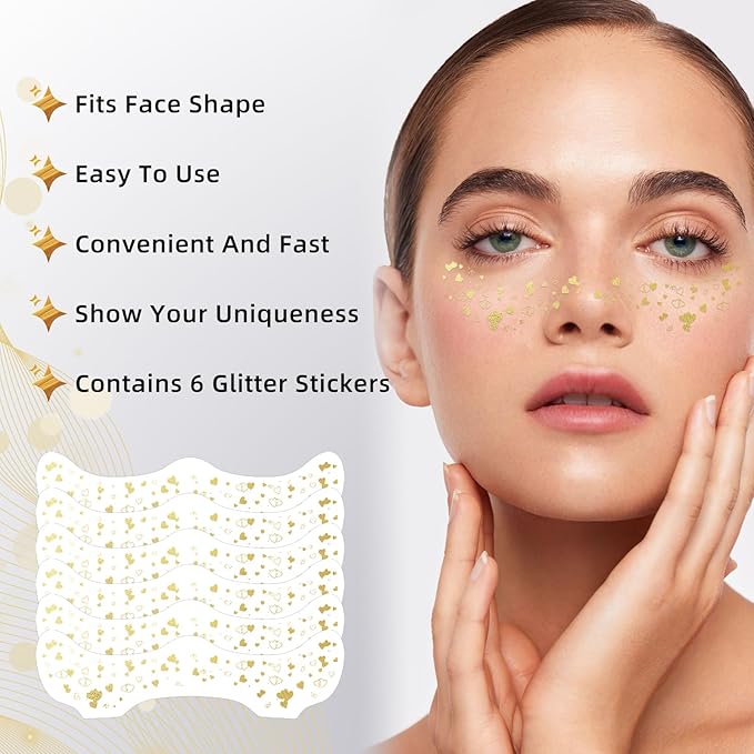 Glitter Freckles - 6PCS Makeup Patches, Metallic Silver Fake Freckles, Beauty Face Glitter, Water Transfer Glitter Freckles Face Tattoo, Cute Face Glitter for Kids, Temporary Face Jewels for Women