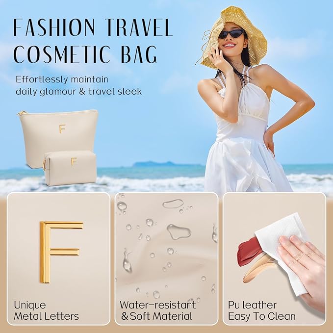 Valentine's Day Gifts for Women Girlfriend Initial Makeup Bag for Teen Girls Personalized Gifts for Friend Teacher Mom Wife Cosmetic Travel Toiletry Bag(Beige,F)