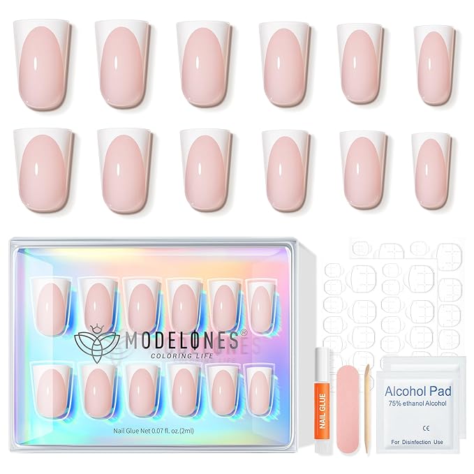 Modelones French Tip Press on Nails Short, Duck Fake Nails TIps, Reusable Nail Kit with Nail Glue Adhesive Tabs Mini Nail File, Nails Press Ons 30Pcs 15Sizes, Women Girl Gift