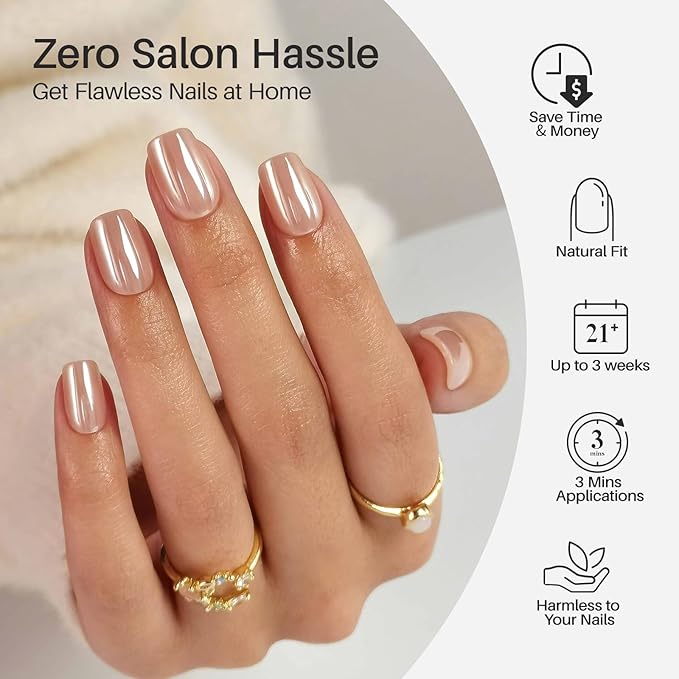 SHANGMENG Nude Chrome Press on Nails Square - Soft Gel Short Press on Nails for Women Gift, Fit Perfectly & Natural Glue on Nails in16 Sizes - 32 Reusable Fake Nails with Glue, Aurora Nude