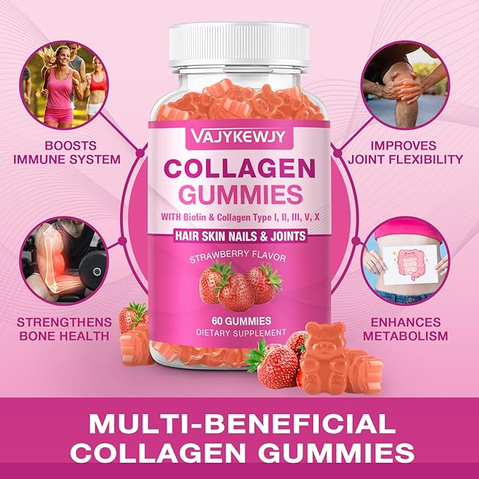 VAJYKEWJY Vegan Collagen Gummies for Women & Men - with Biotin, Vitamin C, & Zinc for Skin Radiance, Hair Growth, Strong Nails, & Joint Support, 60 Count