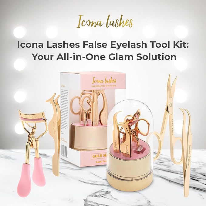 Icona Lashes 4-in-1 False Eyelash Tool Kit - DIY Lash Extension Kit with Tweezer, Curler, Scissors, Applicator - 24K Gold Plated Stainless Steel Accessories in Clear Dome Organizer, Beautiful Gift Box