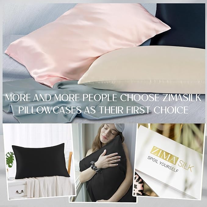 ZIMASILK 100% Pure Mulberry Silk Pillowcase for Hair and Skin Health,Soft and Smooth,Both Sides Premium Grade 6A Silk,600 Thread Count,with Hidden Zipper,1pc (Queen 20''x30'',Black)