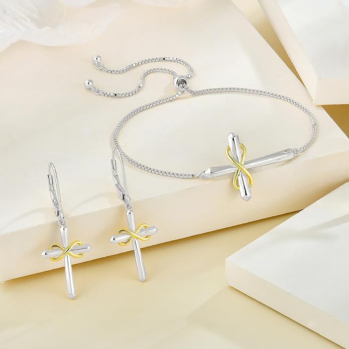Starchenie Infinity Cross Earrings for Women 925 Sterling Silver Polished Cross Leverback Earring Crucifix Jewelry