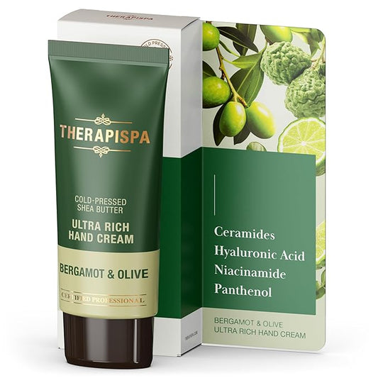 THERAPISPA Ultra Rich Hand Cream – Intensive Hydration & Repair for Dry, Chapped Hands | Enriched with Shea Butter, Ceramides, Niacinamide (B3) & Panthenol (B5) (Bergamot & Olive, 2.0 oz, Pack of 1)