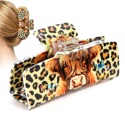 Medium Hair Claw Clip with Leopard Cow Butterfly Design, Plastic Claw Clip for Thin Thick Hair, Strong Hold Hair Accessories for Updo, Half Up Hairstyle, for Women Daily Wear, Party, Travel