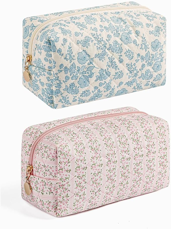 Cute Floral Makeup Bag Small Cotton Quilted Cosmetic Bag, Aesthetic Essential Bag Emergency Bag Gift for Women Girls Travel Accessories (Two Pack: Blue + Pink Floral)