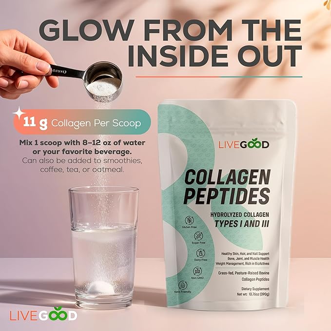LIVEGOOD Collagen Peptides Powder, Hydrolyzed Type I and III Collagen for Hair Skin Nails and Joints, Unflavored Grass-Fed Collagen Supplement for Mobility and Recovery (30 Servings)