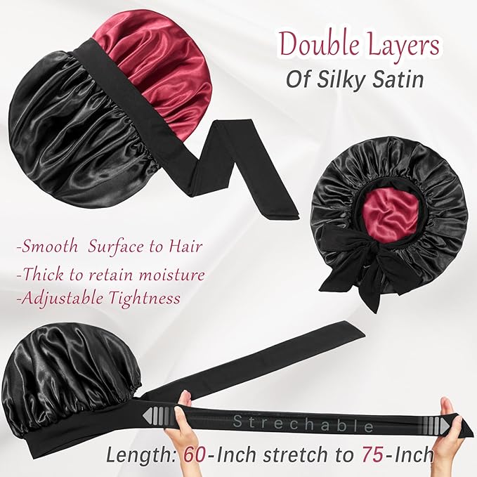 Double Layered Silk Satin Bonnet with Tie for Sleeping Black Women, Wide Band Large Hair Wrap Sleep Cap for Curly Hair Braid