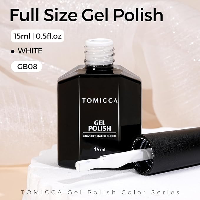 TOMICCA White Gel Nail Polish, 15ml White Gel Polish, Soak Off UV LED Soft Pale Color High Gloss Colors Long Lasting French Nail Art Manicure Salon DIY Design