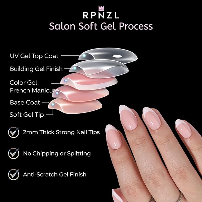 RPNZL Press On Nails - Paris | Classic French Manicure Tip, UV Finish Almond Nails, Reusable, Salon Quality | 32 Nails, 16 Sizes Kit with Glue and Adhesive Tabs