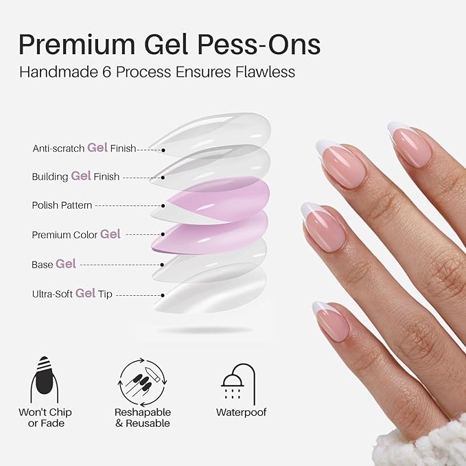 SHANGMENG White French Tip Press on Nails Short - Soft Gel Almond Nails for Women Gift, Fit Perfectly & Natural Glue on Nails in 16 Sizes - 32 Reusable Fake Nails with Glue, French White