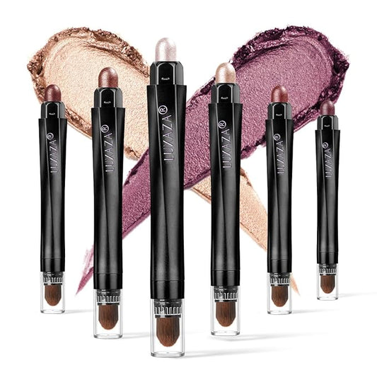 6-Piece Matte and Shimmer Cream Eyeshadow Pencil Set, Waterproof Long Lasting Highlighter Stick, Champagne Rose Pink