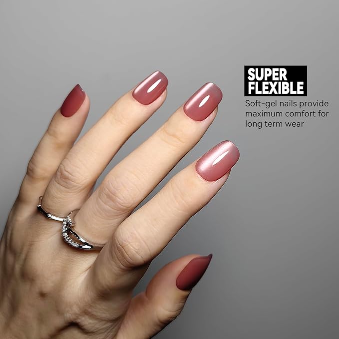 Okiyomi Pink Press on Nails - Dusky Rose Pink Cat Eye Press on Nails | Magnetic Sunset Rose Shimmer - Short Ballerina Squoval Shape - 15 Sizes - 30 Soft Gel Fake Nails with Glue and Stick On Tabs