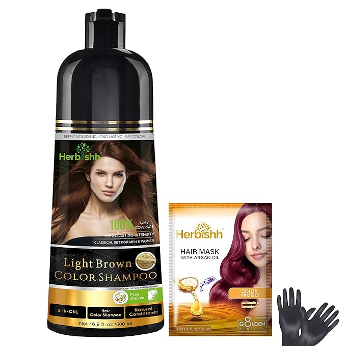 Herbishh 3-In-1 Magic Hair Dye Shampoo for Gray Hair - Light Brown, 500 Ml, Ammonia-Free, Long Lasting, Colors Hair in Minutes,Unisex