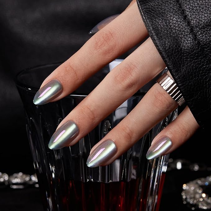 VSALON Press on Nails Short Almond - Holographic Chrome Cat Eye Nails Kit for Women, Reusable Aurora Effect Transparent Soft Gel Fake Nails with Glue - 32 PCS Stick On Nails in 16 Sizes