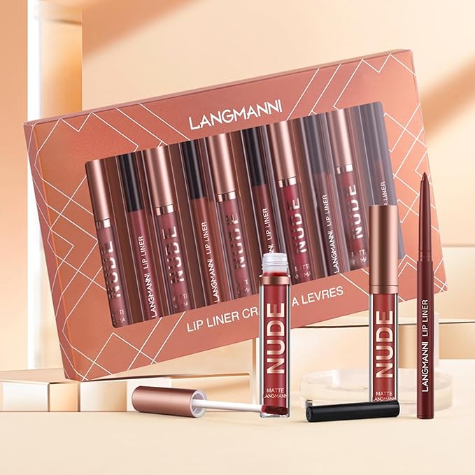 Jolilab 12Pcs Matte Lip Liner + Liquid Lipstick Set, One Step Velvety Nude Lip Stain Waterproof Long Wear High Pigment Lip Makeup Gift Set(Set B