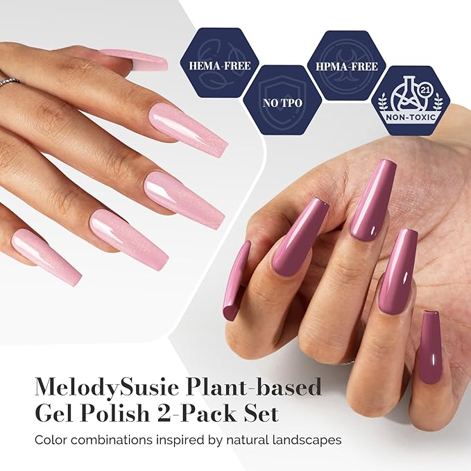 MelodySusie Fleurwee Plant Based Gel Nail Polish, 2 Pcs Hema Free Gel Polish Pink Purple and Glitter Pink Nail Polish 21 Non Toxic Long Lasting Nail Art Salon DIY Manicure at Home Gift for Women