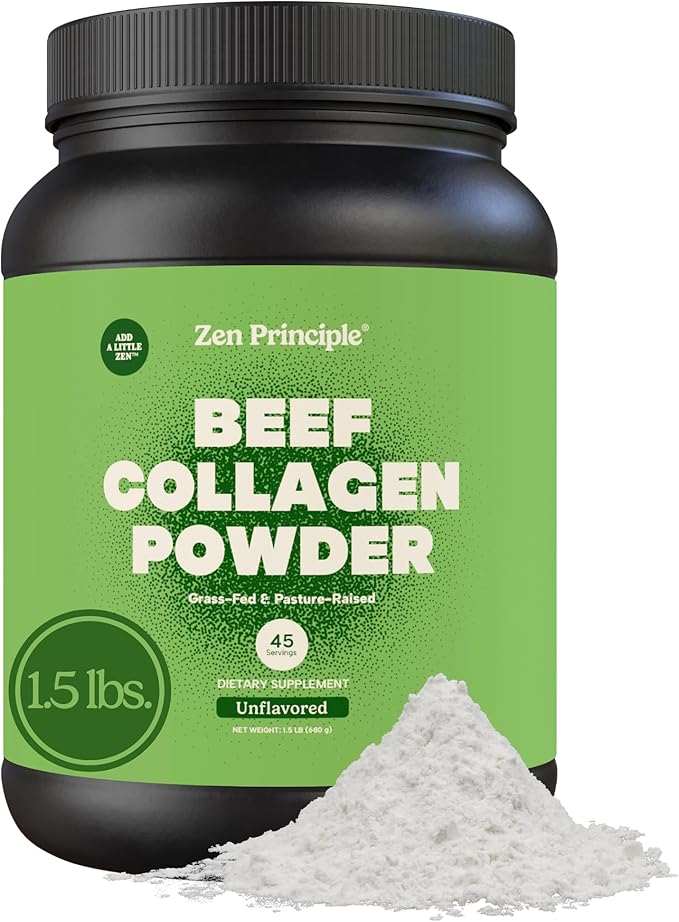 Zen Principle Grass-Fed Agglomerated Hydrolyzed Collagen Peptides 1.5 lb. Anti-Aging Protein Powder for Healthy Hair, Skin, Joints. Paleo Friendly, GMO and Gluten Free, Pasture-Raised Bovine.