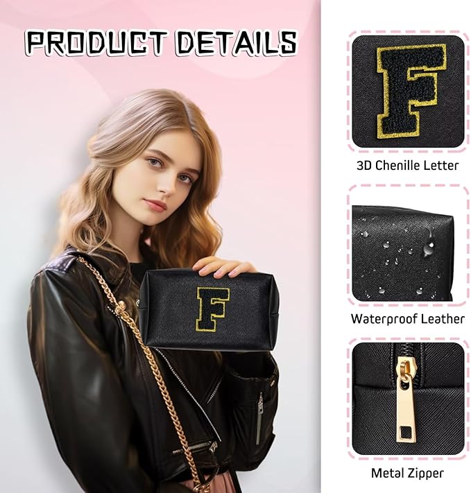 TOPEAST Personalized Makeup Bag, Chenille Letter Pouch Cosmetic Bag w Zipper, PU Leather Waterproof Toiletry Bag, Bridal Shower Gifts for Bridesmaids, Cute Stuff for Girls (Black P)
