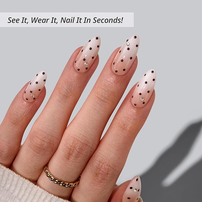 BTArtbox Press On Nails Almond - Gala Polka, 3D Polka Dot Ombre Medium Press On Nails with Glue and Adhesive Tabs for Women in 16 Sizes - 32 Soft Gel Glue On Nails Kit