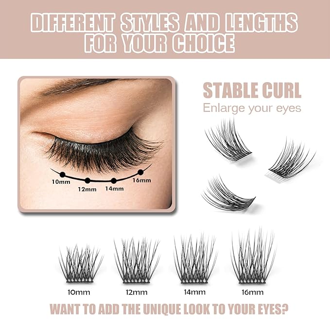 DIY Eyelash Extension, 3D Effect Glue Bonded Band Individual Lash 12 Clusters Volume Lashes Set, Home Eyelash Extension, C curl Lashes Pack (14MM)