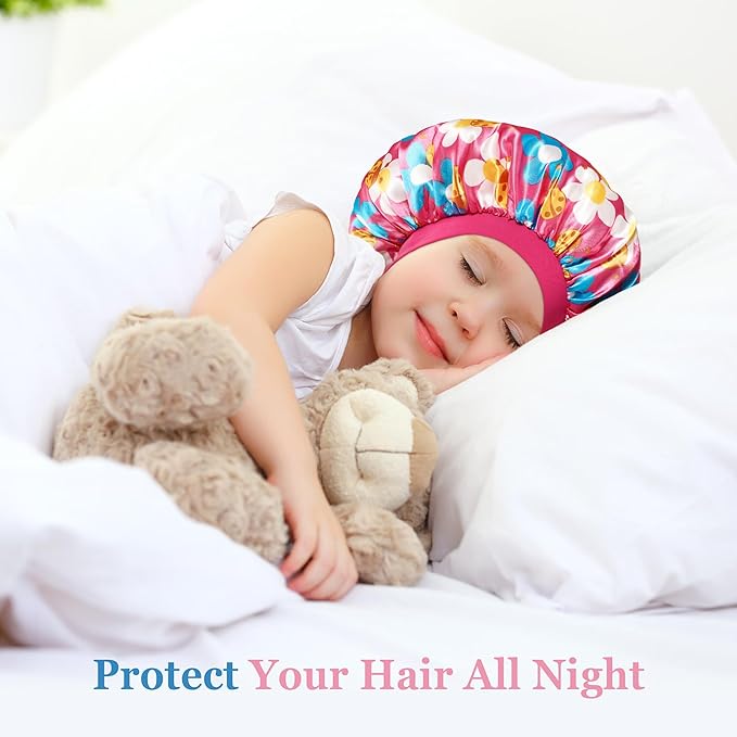 3 Pcs Bonnet for Kids, Kids Bonnets for Girls, Satin Silk Hair Bonnet for Sleeping, Soft Wide Band Sleep Cap for Curly Hair Braids for Teens Child Toddler