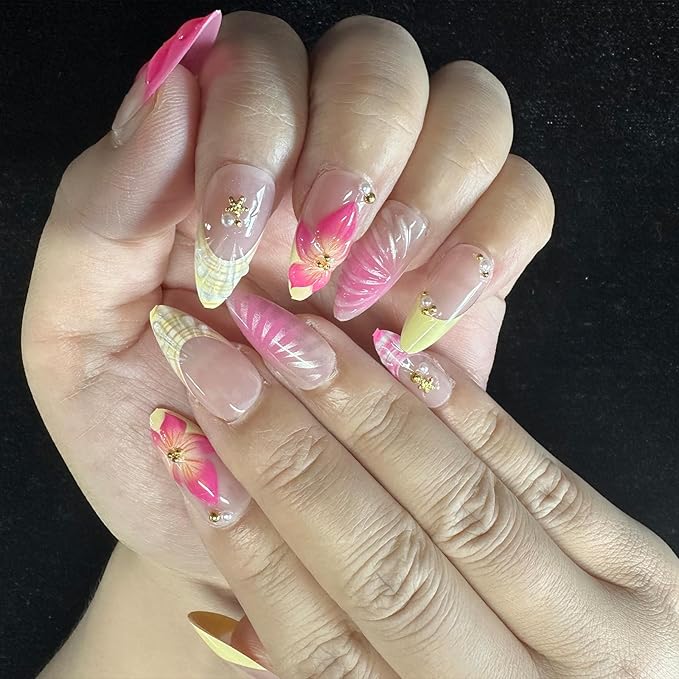 JONKASIPA 24 Pcs Medium Pressed Gel Nails Oval French Artificial Nails Pink Hawaiian Floral Acrylic Nails Full Coverage Women's Manicure Set With Gold Pearls