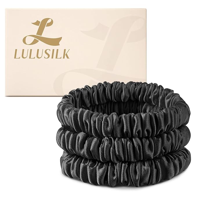 LULUSILK Small Silk Hair Ties No Damage, 100% Real Mulberry Silk, Skinny Scrunchies Ponytail Holders for Thin Fine Hair, Black, Pack of 3