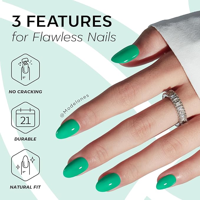 modelones Bright Green Short Press on Nails, Oval Fake Nails Kit Press Ons with Nail Glue, Adhesive Tabs, Nail File, Prep Pad, Manicure Stick, 32Pcs 16 Sizes