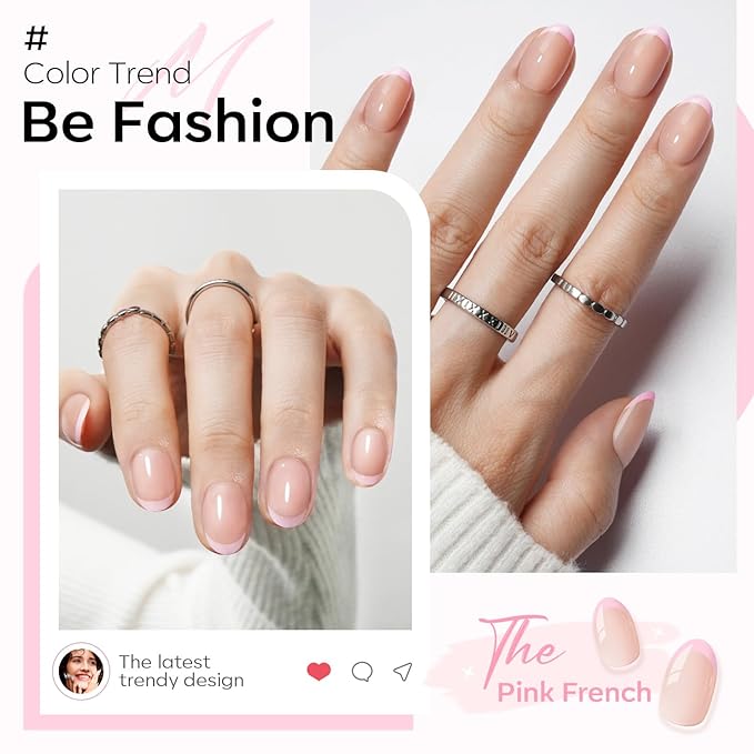 Modelones French Tip Press on Nails Short, Oval Valentines Fake Nails, Reusable Nail Kit with Nail Glue Adhesive Tabs Mini Nail File, Nails Press Ons 32Pcs 16Sizes, Women Girl Gift, Pink