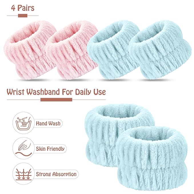 Darfukei Wrist Bands for Washing Face, 4pcs Spa Face Washing Wristbands, Microfiber Arm Wrist Towels, Absorbent Wash Wristbands for Woman Men, Prevent Water from Spilling Down Your Arms