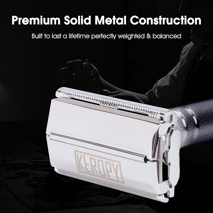 KEROPY Men's Safety Razor Double Edge with 10 Blades – Reusable Metal Shaver for a Close, Smooth & Irritation-Free Wet Shave, Eco-Friendly Grooming Kit for Men