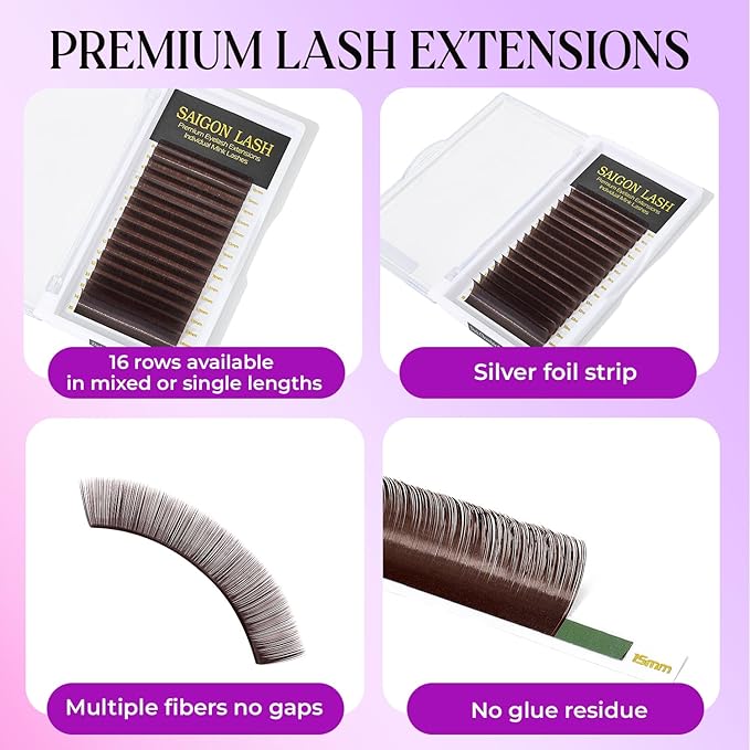 SAIGON LASH Eyelash Extensions, Mink Lash, Volume & Classic Lashes for Professionals, J/B/C/CC/D/L/M Curl, 4-15mm Length, Soft Korean PBT Fiber, 16 Rows Lash Tray (Dark chocolate-C-0.07-8-15mm)