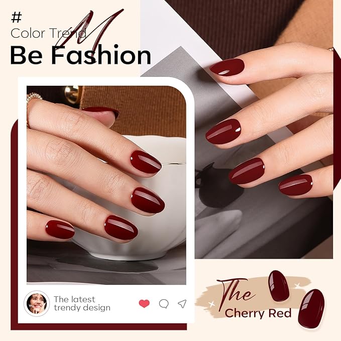 modelones Dark Red Short Press On Nails, Oval Fake Nails with Nail Glue, Adhesive Tabs, Nail File, Prep Pad, Manicure Stick, 32Pcs 16 Sizes, Cherry, Valentines
