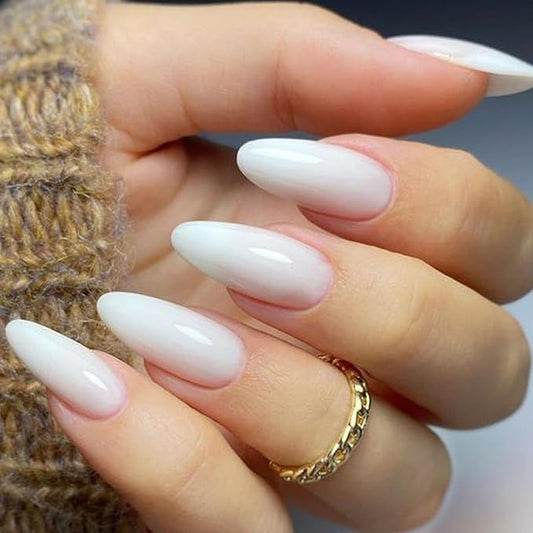 GLAMERMAID Press on Nails Medium Almond, White Ombre Gel False Nails, Glossy Short Stiletto Nude Glue on Nails Kit for Women, Reusable Short Oval Stick on Acrylic UV Finish Fake Nails Manicure Set