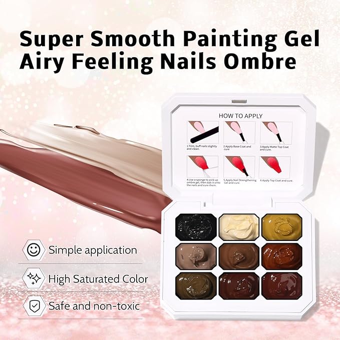 Karroy Patting Gel Nail Polish Set, 9 Colors Ombre Gel Polish Palette 100pcs Sponges 6pcs Brushes 1 Grabber, Colors Blending Painting Art, No Wipe, UV/LED Cured (Set 02)