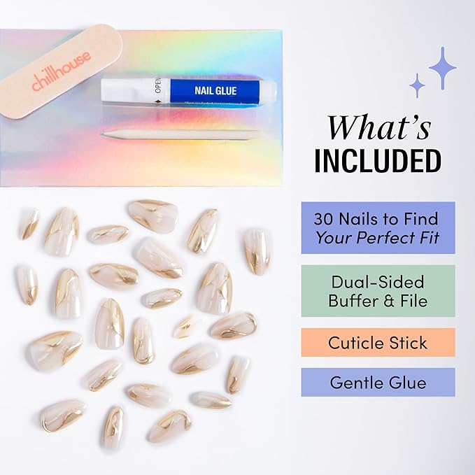 Chillhouse - Chill Tips, Press on Nails Kit - Here Comes The Gold (Oval) - 30 Nail Shapes & Sizes - Up to 2 Weeks of Wear - Customizable - Reusable - Latina Founded, Women Owned - Beauty, Self Care